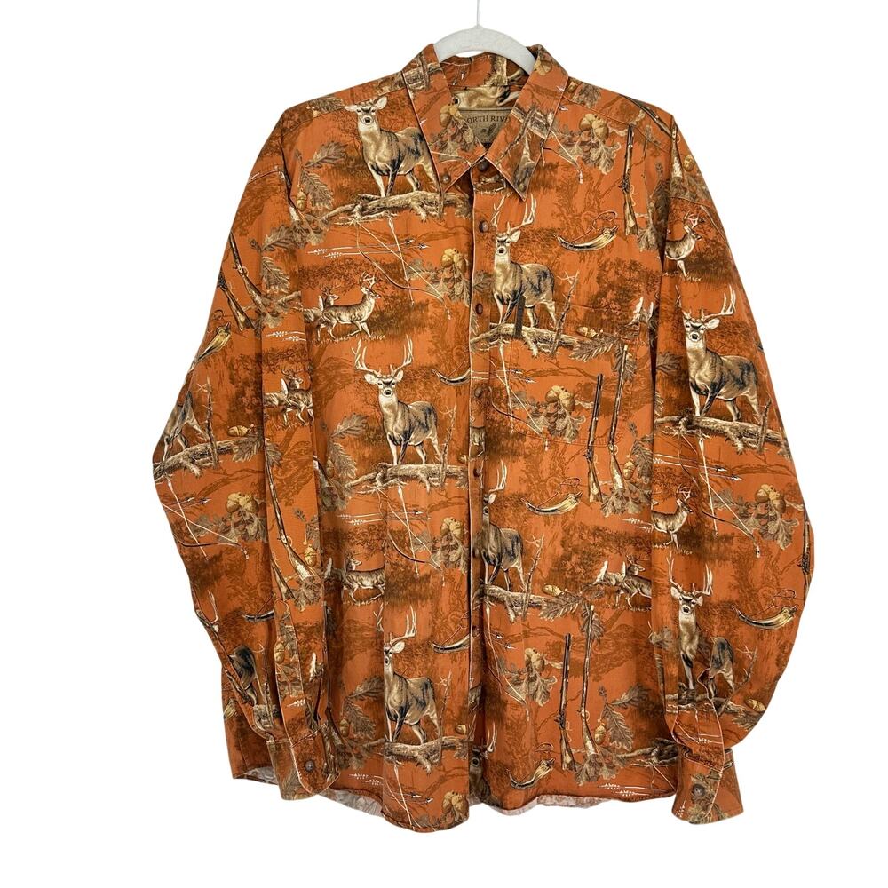 Vintage North River Mens XL Button Up Allover Hunting Deer Print Cotton